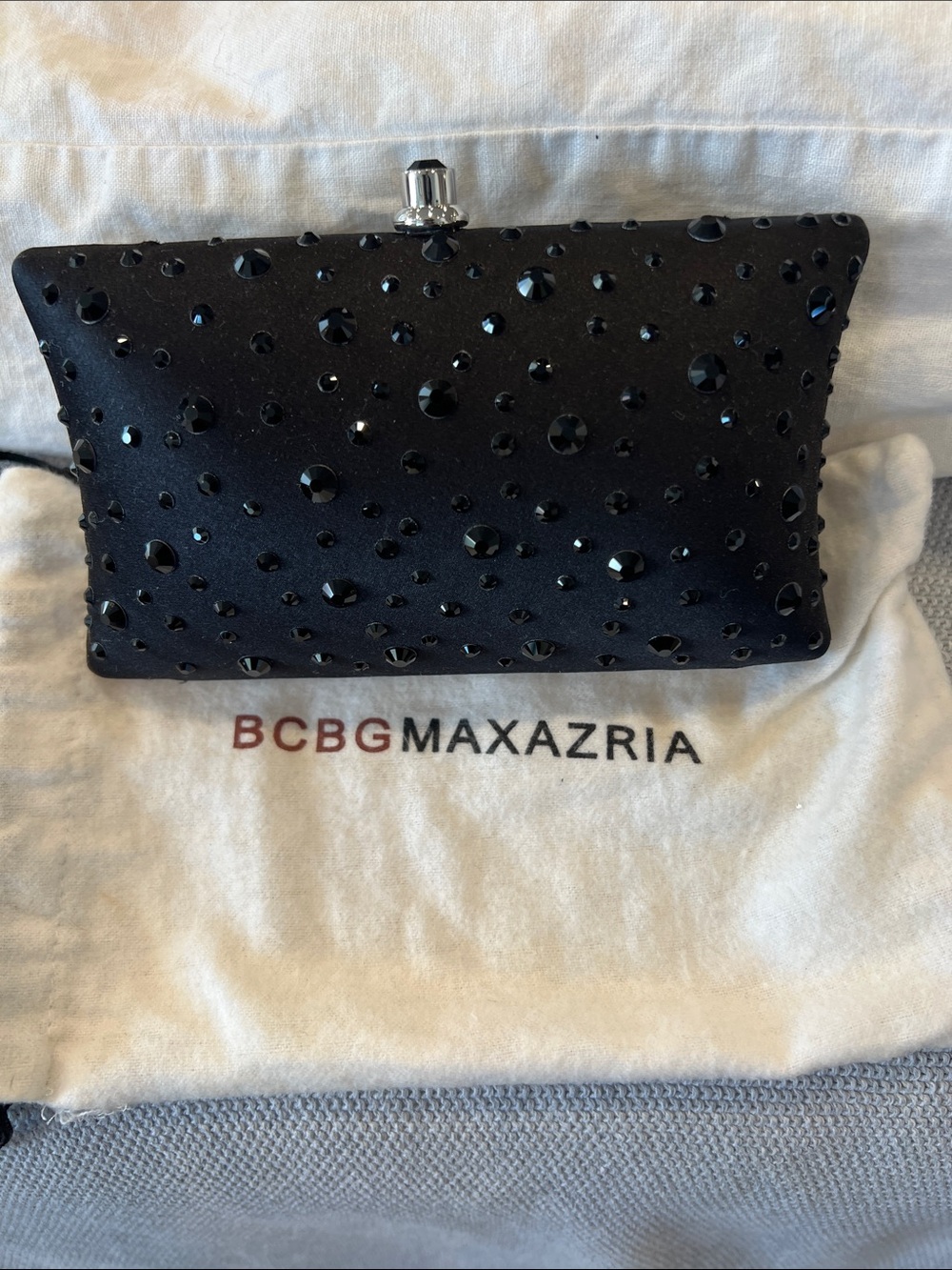 BCBGMaxAzria Black Crystal-Embellished Satin Clutch
